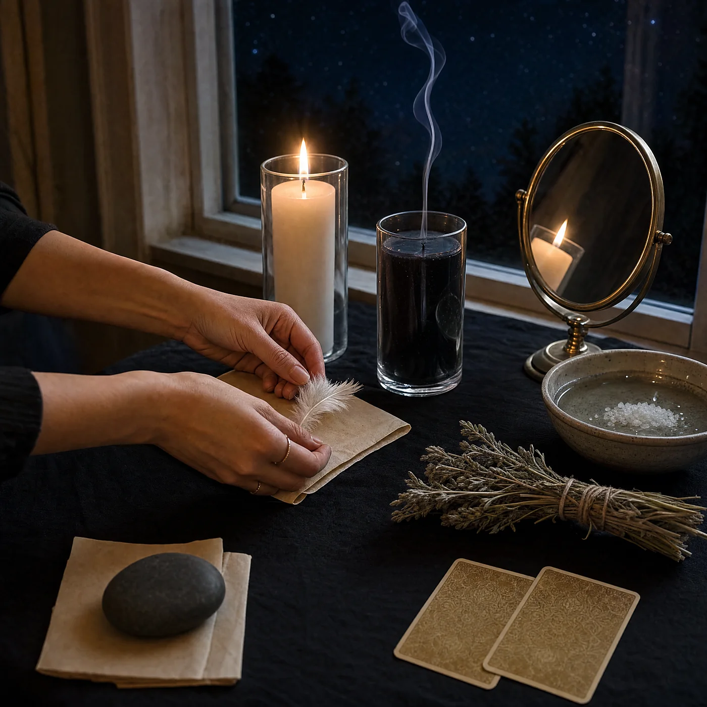Dłonie kobiety kładą białe piórko na złożonej kartce przy ołtarzu, obok płonie biała świeca, nad czarną unosi się dym, w okrągłym lusterku odbija się płomień, za oknem niebo bez księżyca.